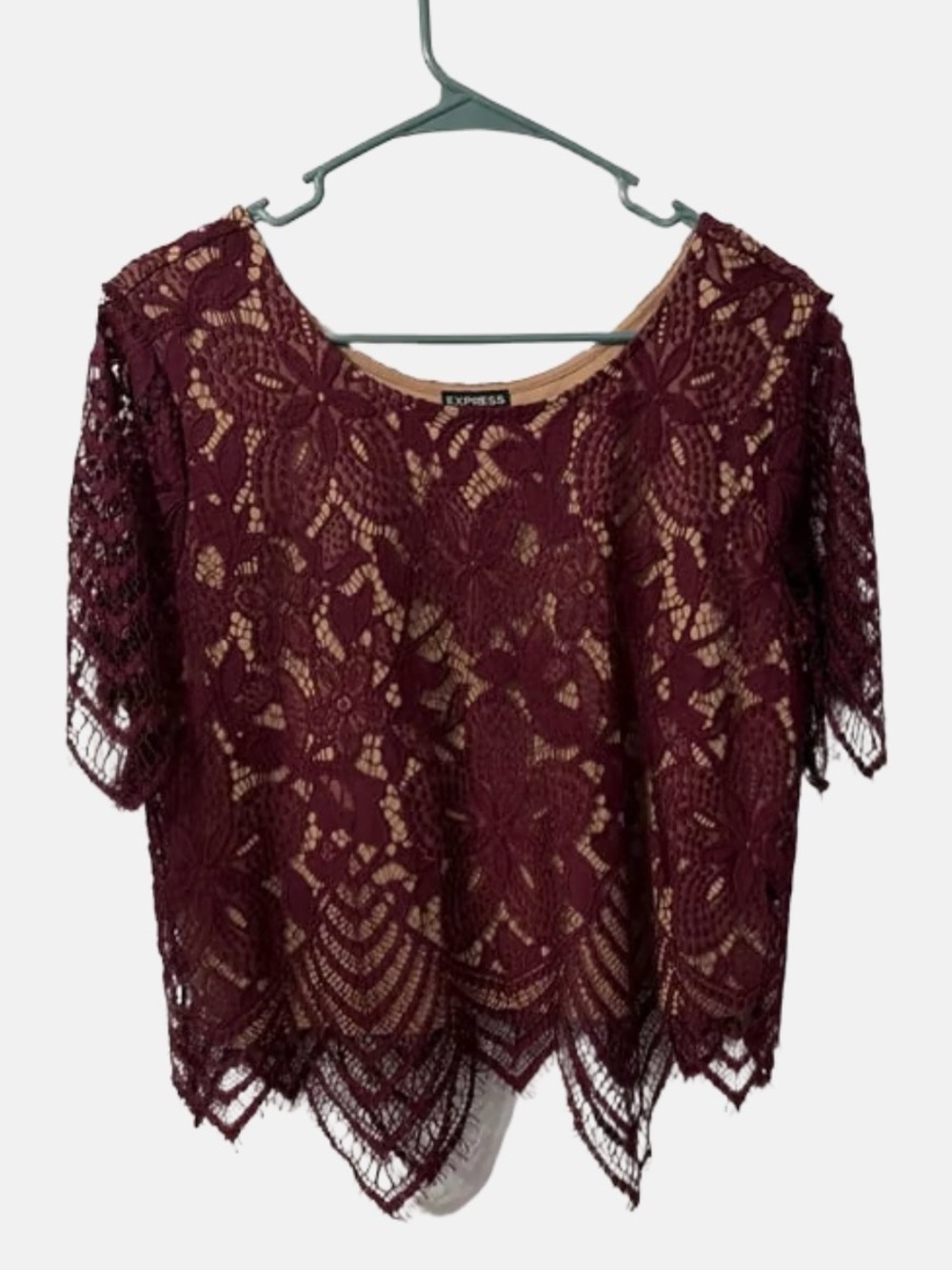 Express Burgundy Floral Lace Overlay Blouse